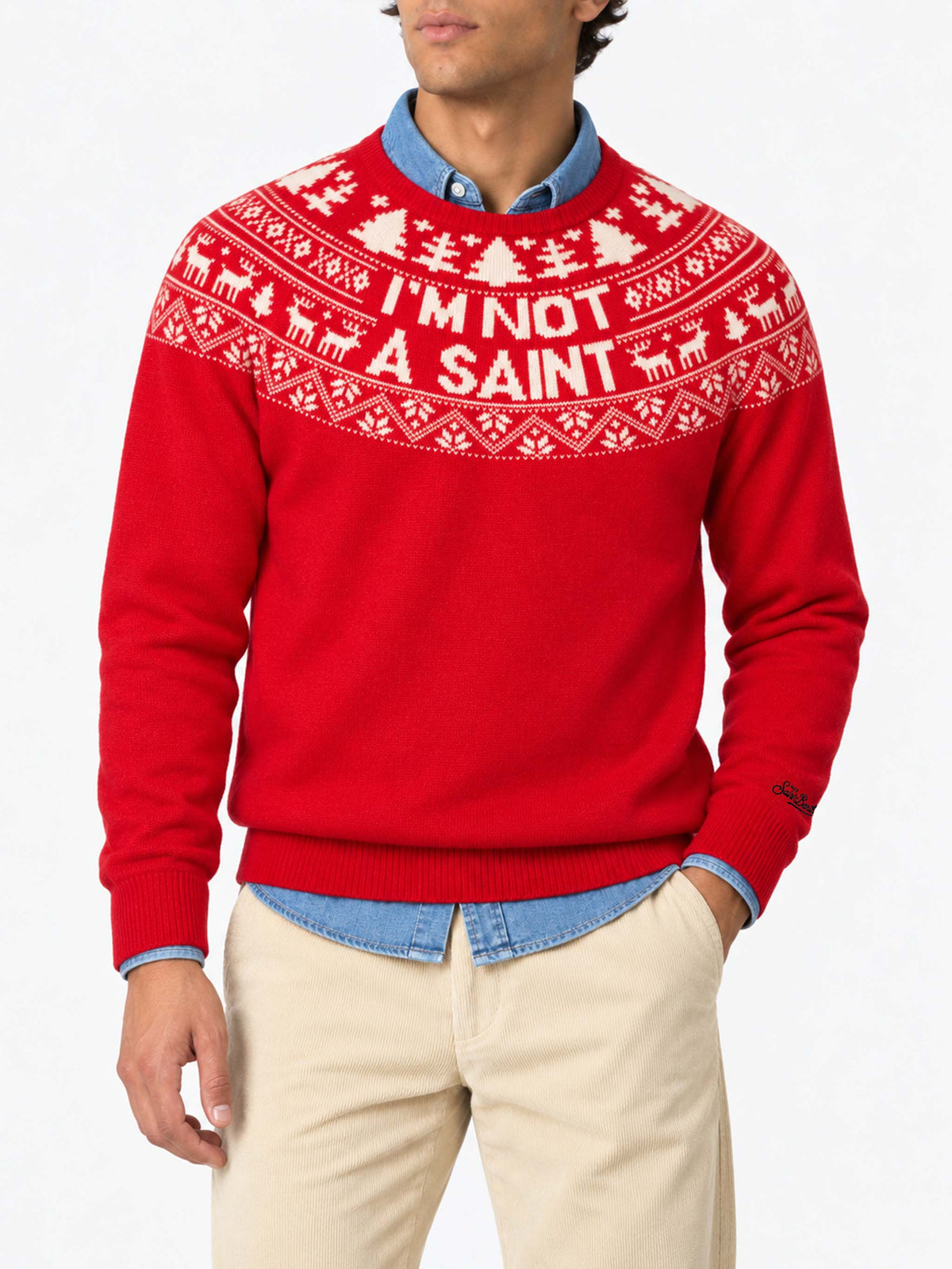 Red Heron crewneck sweater with reindeer jacquard