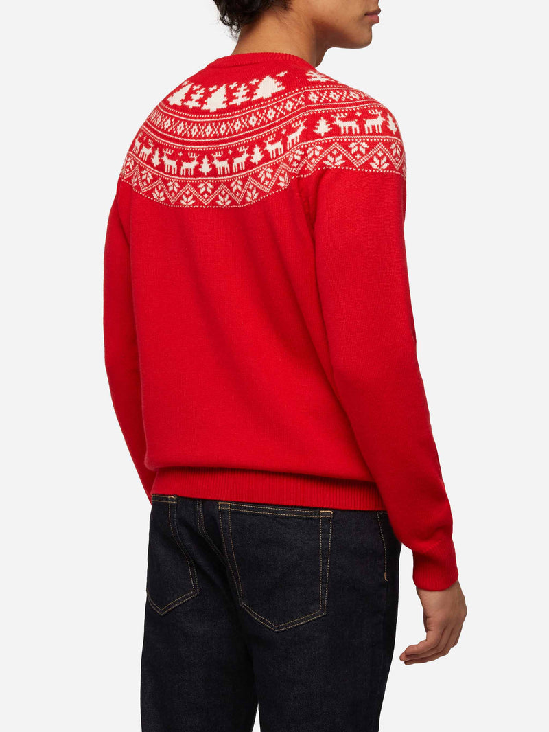 Red sweater Heron with fair isle jacquard and I'm not a Saint jacquard