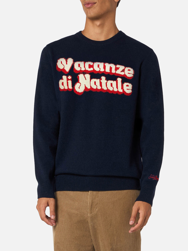 Man blue sweater Heron with Vacanze di Natale logo jacquard | VACANZE DI NATALE SPECIAL EDITION - MC2 Saint Barth