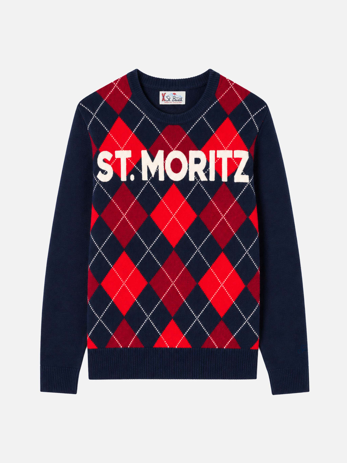 Maglione Heron rosso e blu con motivo argyle e jacquard St. Moritz
