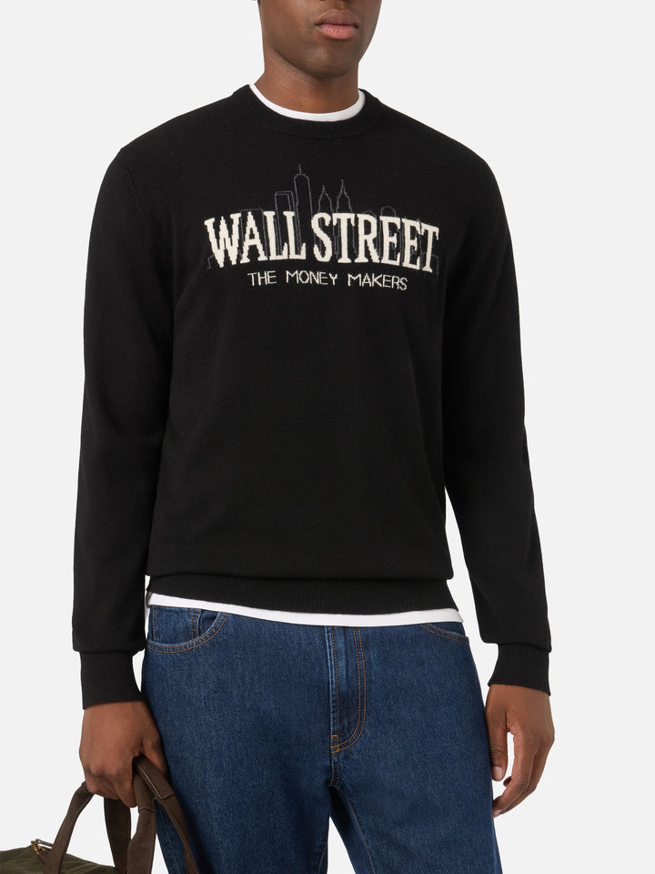 Black Heron Light crewneck knit with Wall Street intarsia | Special edition
