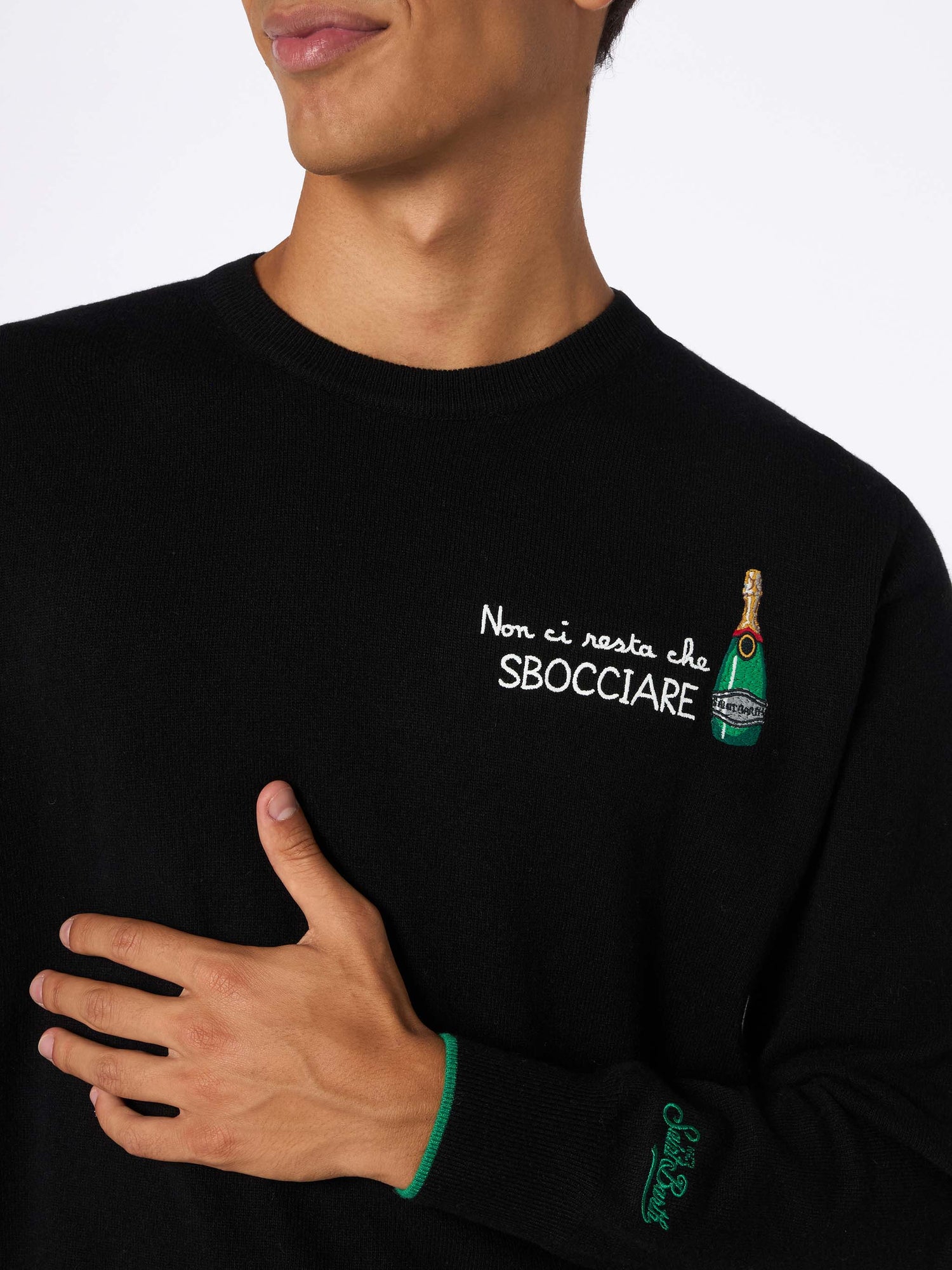 Man black sweater Heron with Non ci resta che sbocciare embroidery - MC2 Saint Barth