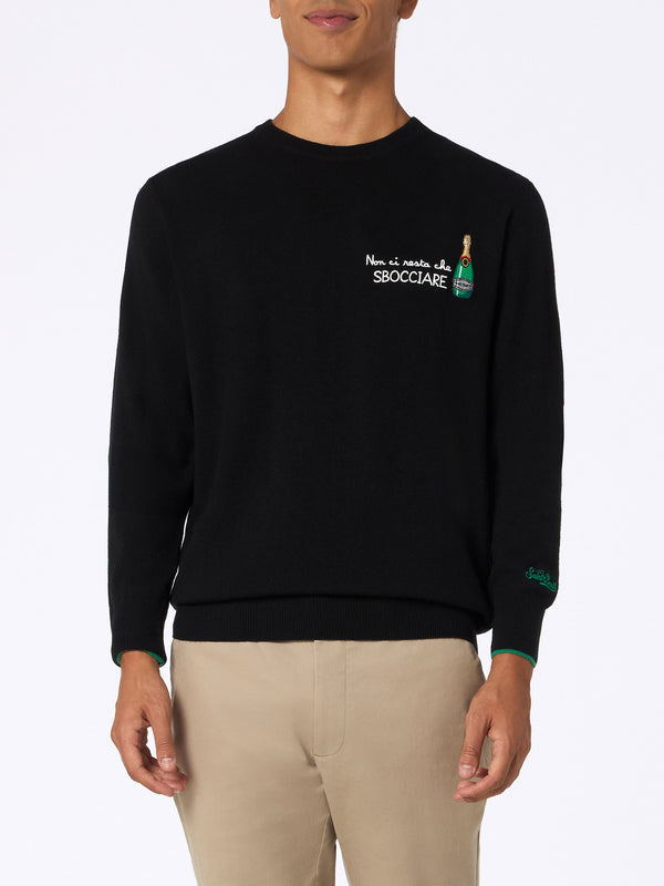 Man black sweater Heron with Non ci resta che sbocciare embroidery