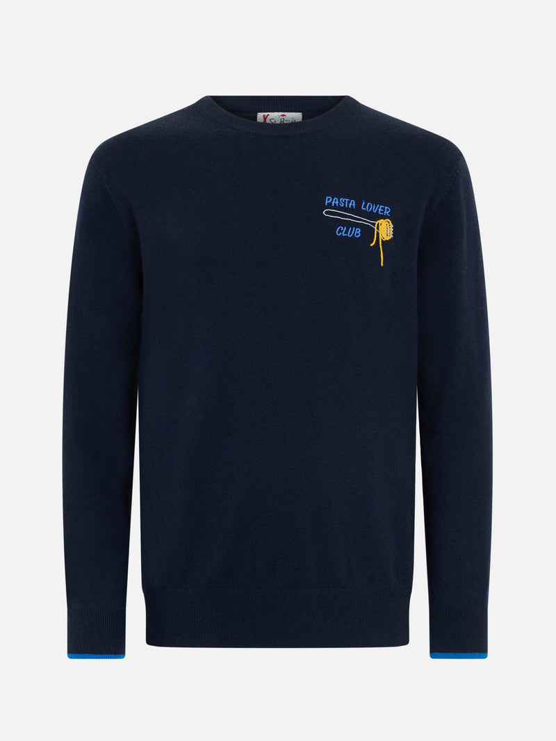 Maglione da uomo blu Heron con ricamo Pasta lover