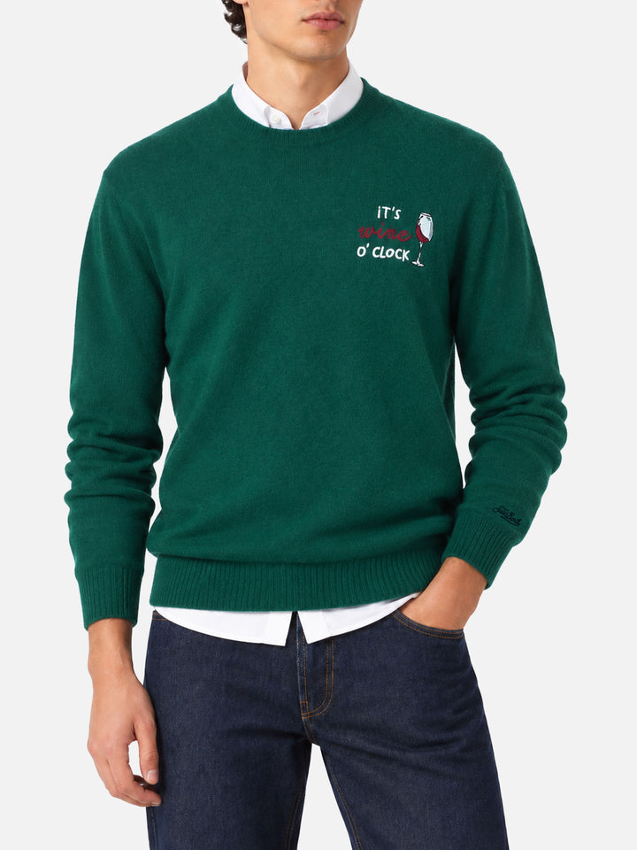 Dark green Heron Light crewneck sweater with It's wine o'clock embroidery