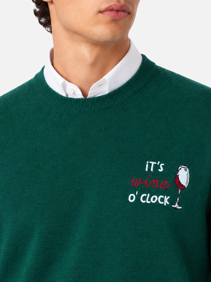 Dark green Heron Light crewneck sweater with It's wine o'clock embroidery