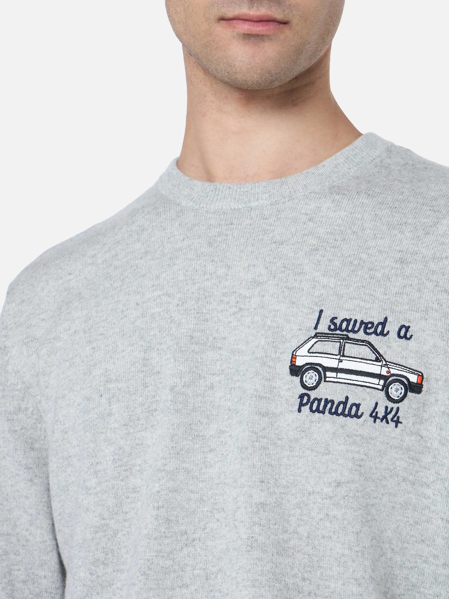 Man gray sweater Heron with  I saved a Panda 4x4 embroidery | FIAT PANDA SPECIAL EDITION