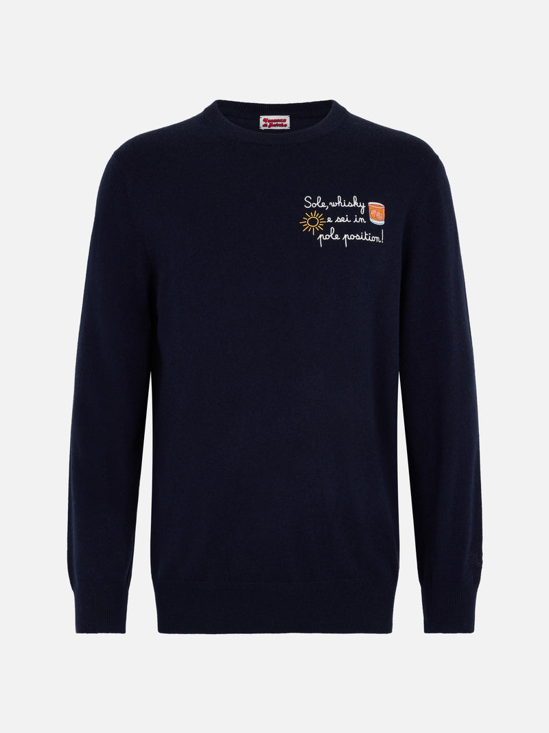 Blauer Herrenpullover Heron Light mit Stickerei „Sole, Whisky e sei in Pole Position!“ | VACANZE DI NATALE SONDEREDITION