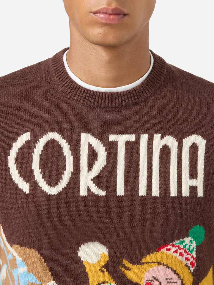 Crewneck sweater with Cortina postcard jacquard