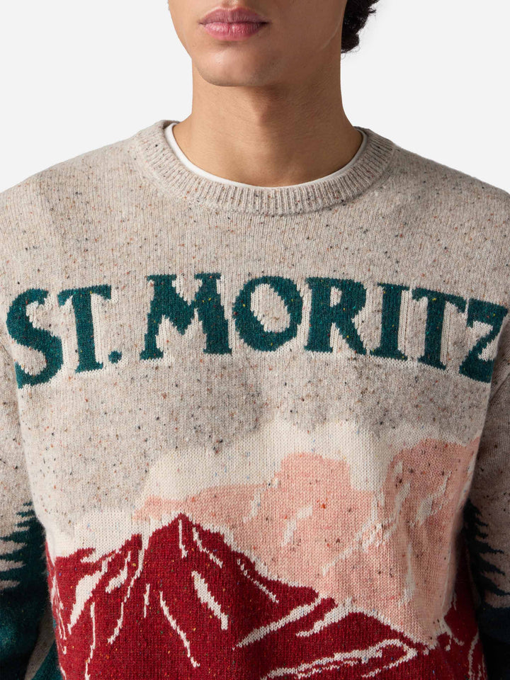 Donegal-Pullover mit Rundhalsausschnitt und Reihermotiv mit Jacquard-Muster und Postkartenmotiv aus St. Moritz