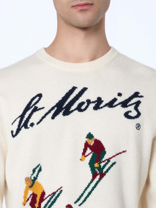 Maglione bianco da uomo Heron con stampa jacquard St. Moritz ski | ST. MORITZ TOP OF THE WORLD SPECIAL EDITION