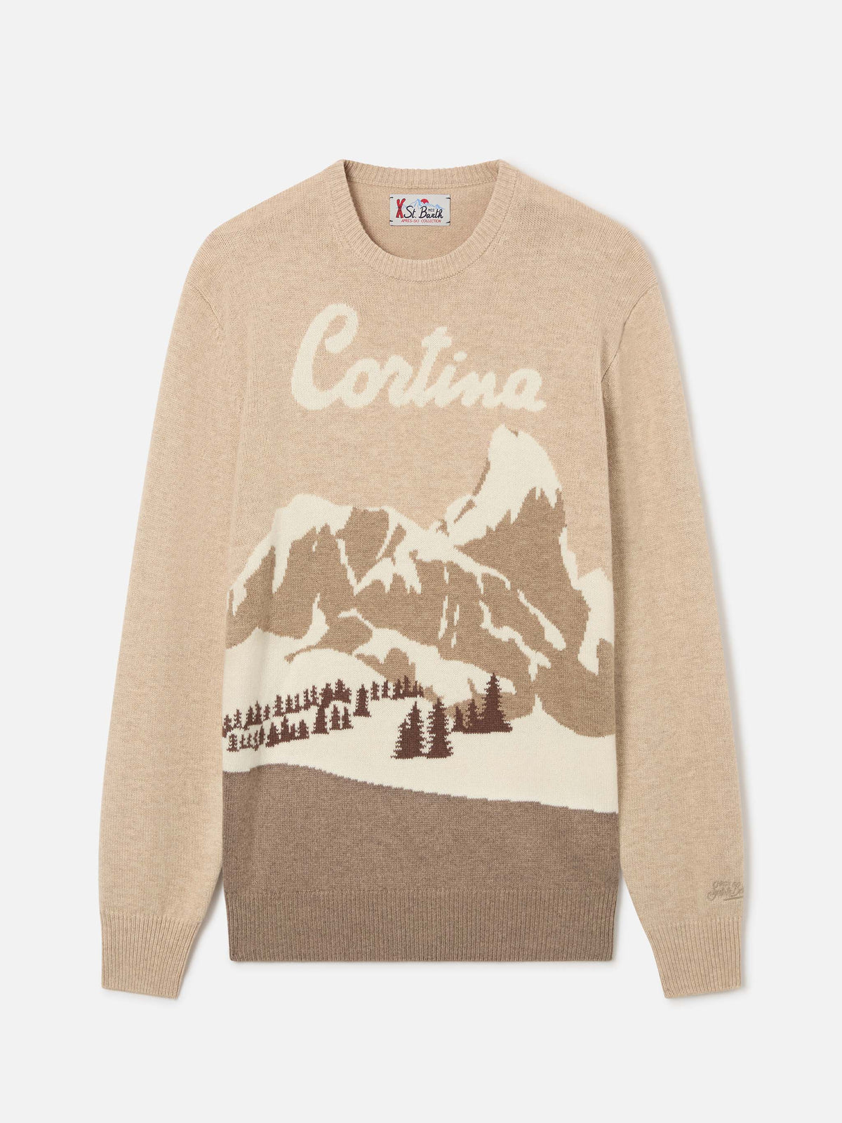 Beiger Rundhals-Strickpullover Heron mit Cortina-Intarsie 