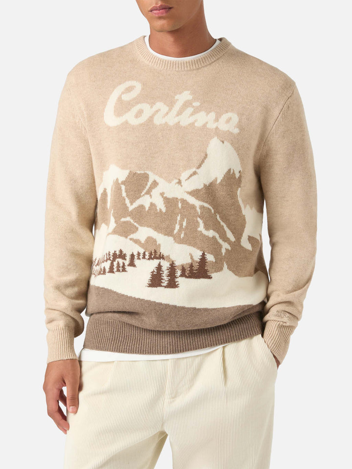Maglia girocollo Heron beige con intarsio Cortina