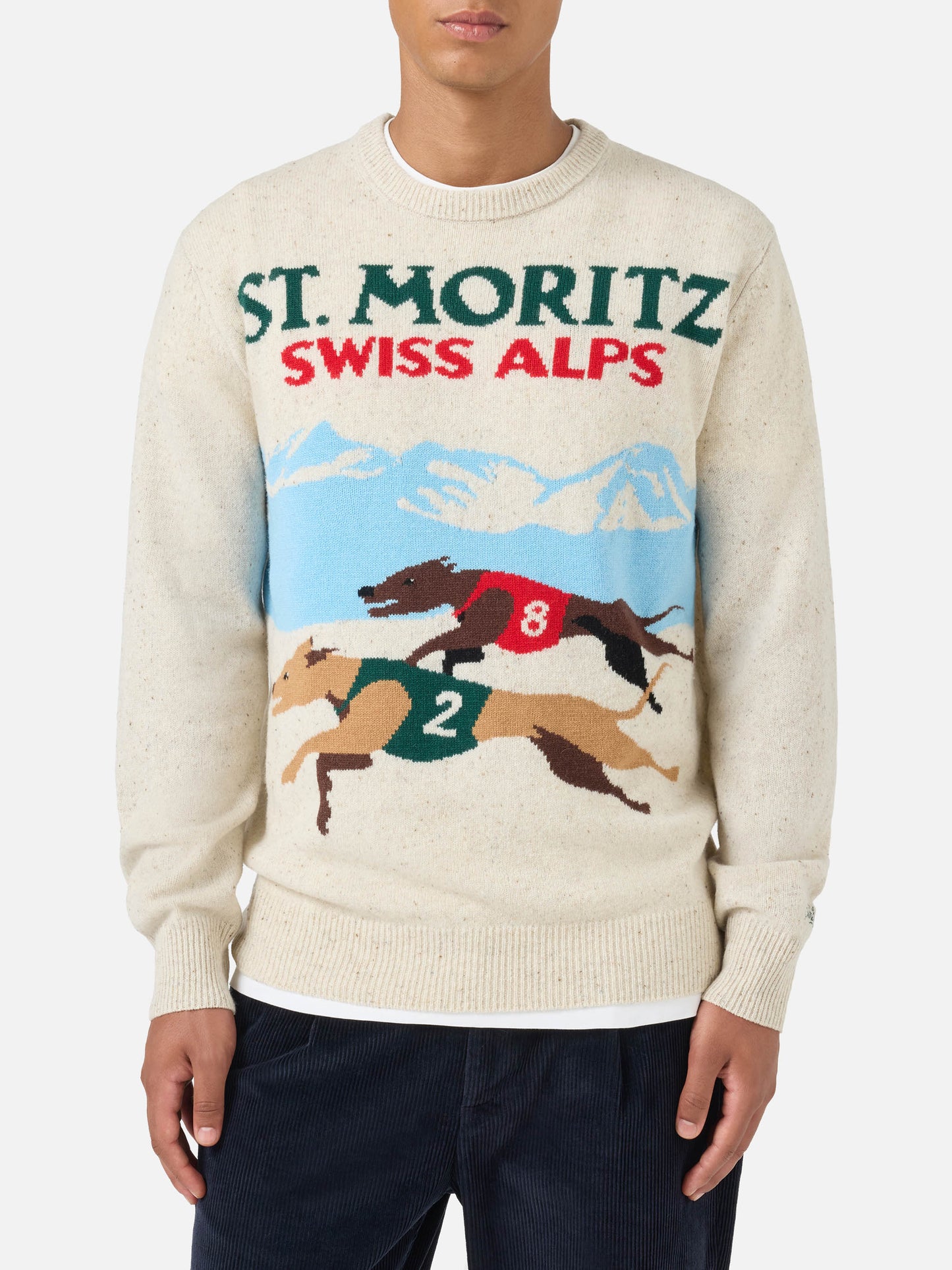 Weißer Pullover Heron mit St. Moritz-Postkartenmotiv 