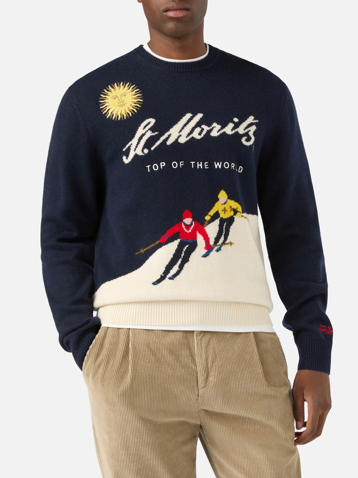 Jersey de punto con cuello redondo Heron Navy blue con intarsia y bordado St. Moritz | Special edition 