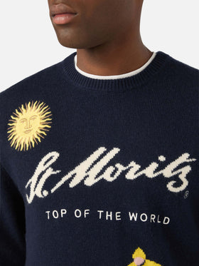Jersey de punto con cuello redondo Heron Navy blue con intarsia y bordado St. Moritz | Special edition 