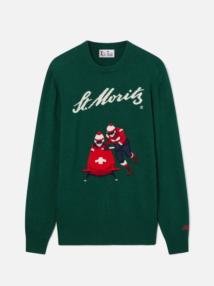 Crewneck-Strickpullover Green Heron mit St. Moritz-Intarsie | Special edition 