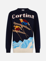 Maglione blu da uomo Heron con stampa cartolina coppia sci Cortina