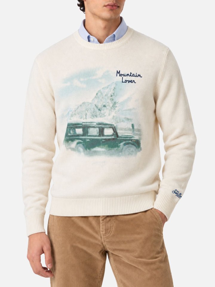 White Heron crewneck sweater with Mountain Lover jacquard