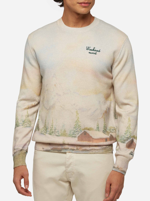 Crewneck sweater Heron with landscape print and Weekend mood embroidery