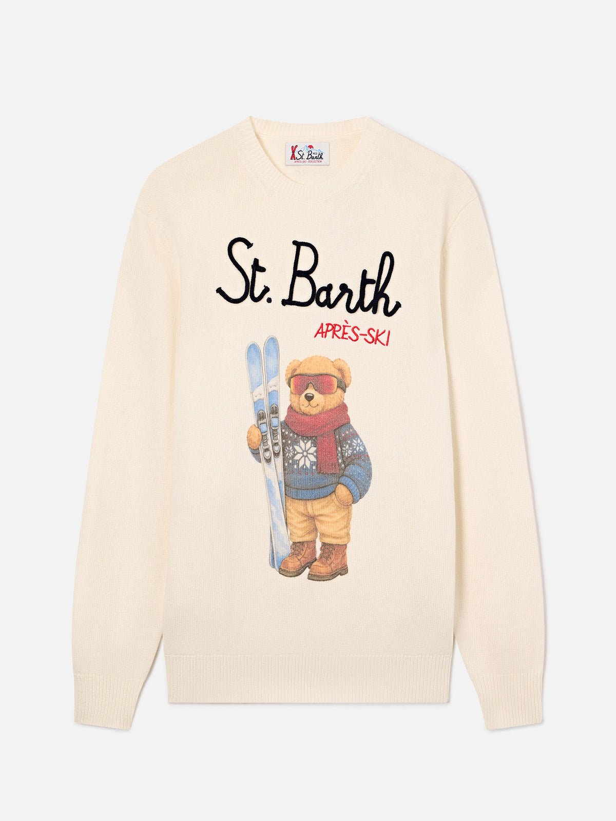 Grey Heron crewneck knit with teddy bear intarsia and embroidery