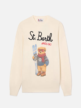 Grey Heron crewneck knit with teddy bear intarsia and embroidery