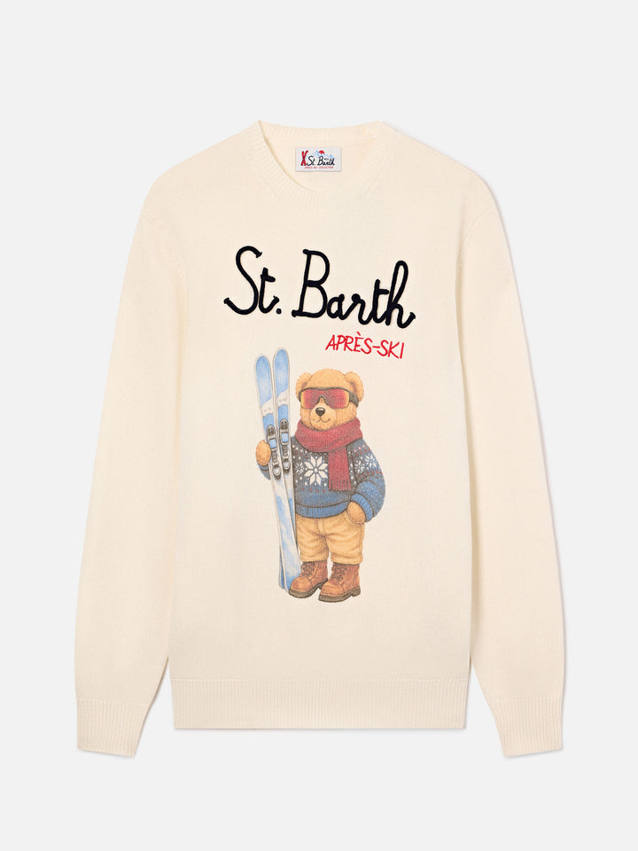 Grey Heron crewneck knit with teddy bear intarsia and embroidery