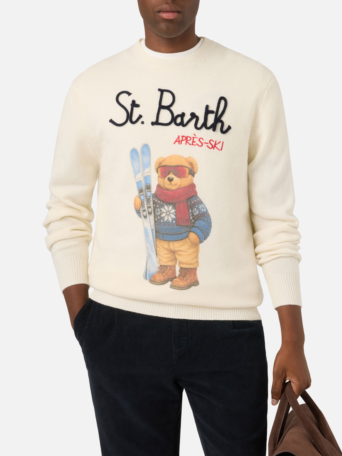 Grey Heron crewneck knit with teddy bear intarsia and embroidery