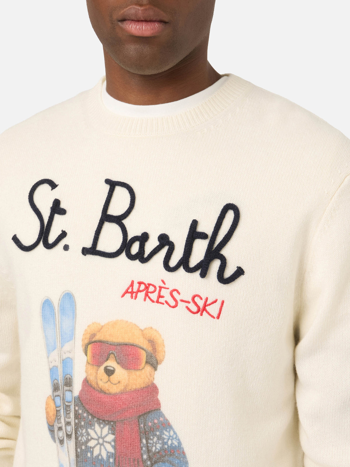 Grey Heron crewneck knit with teddy bear intarsia and embroidery
