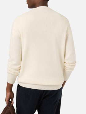 Grey Heron crewneck knit with teddy bear intarsia and embroidery
