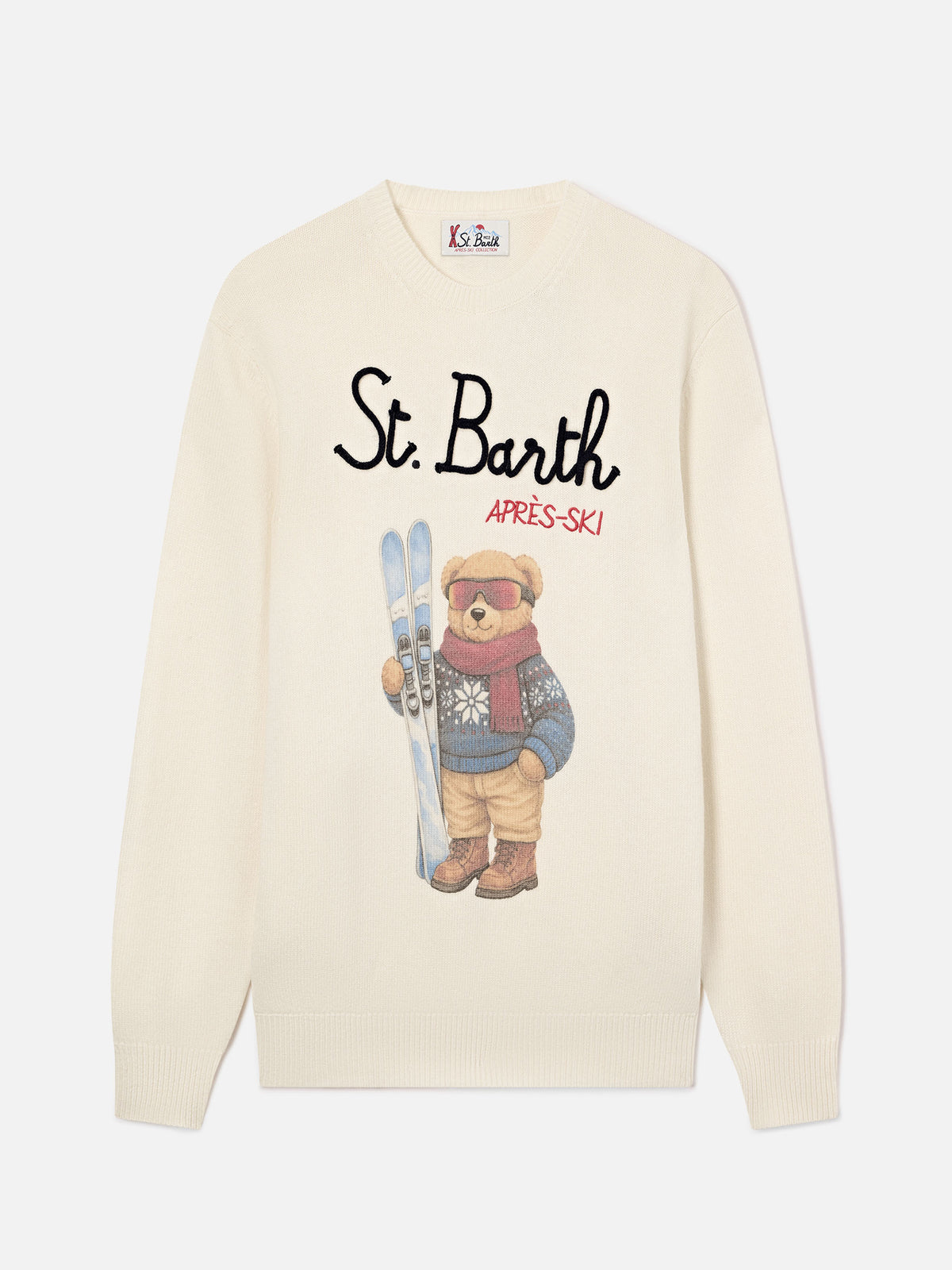 Grey Heron crewneck knit with teddy bear intarsia and embroidery