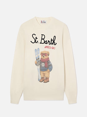 Grey Heron crewneck knit with teddy bear intarsia and embroidery