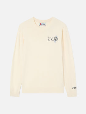 Grey Heron Light wool and cashmere blend crewneck with I Am A New Man embroidery