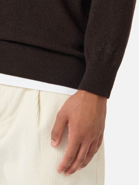 Maglione Heron Light girocollo marrone con ricamo Wall Street Dog