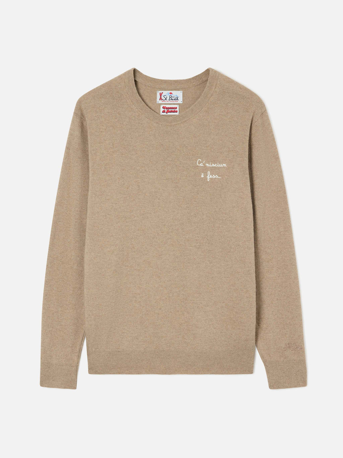 Jersey de cuello redondo Beige Heron en mezcla ligera de lana y cachemira con bordado Ca' Nisciun È Fess | Special edition 