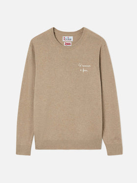 Jersey de cuello redondo Beige Heron en mezcla ligera de lana y cachemira con bordado Ca' Nisciun È Fess | Special edition 