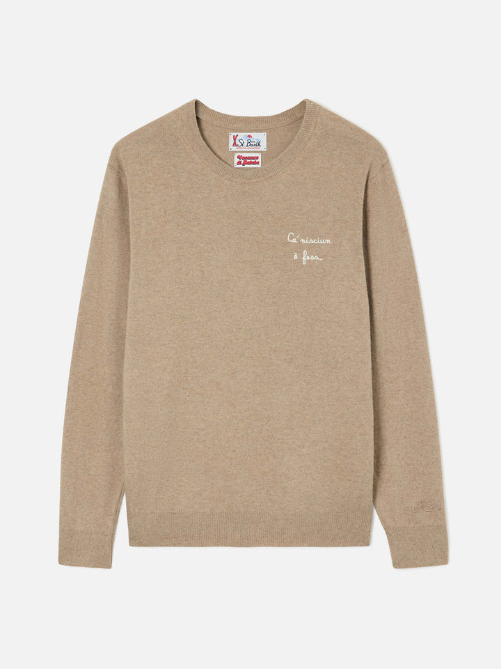 Maglia girocollo Heron Light beige in misto lana e cashmere con ricamo Ca' Nisciun È Fess | Special edition