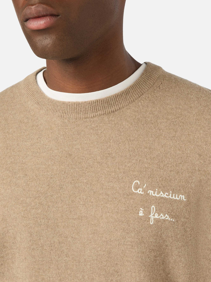 Maglia girocollo Heron Light beige in misto lana e cashmere con ricamo Ca' Nisciun È Fess | Special edition