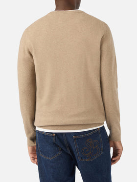 Beige Heron Light wool and cashmere blend crewneck with Ca' Nisciun È Fess embroidery | Special edition