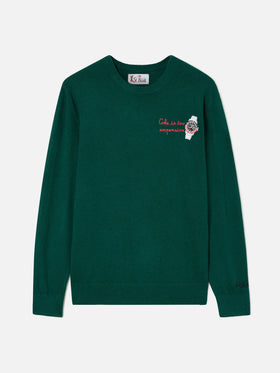 Maglia girocollo Heron Light verde in misto lana e cashmere con ricamo orologio