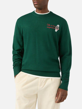 Girocollo in misto lana e cashmere Heron Light verde con ricamo orologio