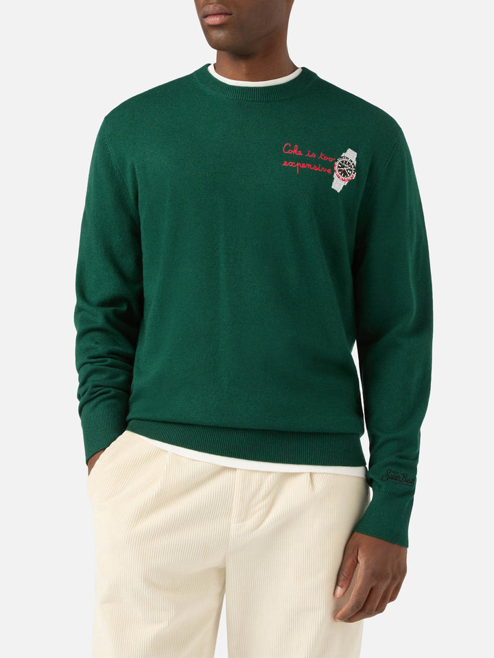 Maglia girocollo Heron Light verde in misto lana e cashmere con ricamo orologio