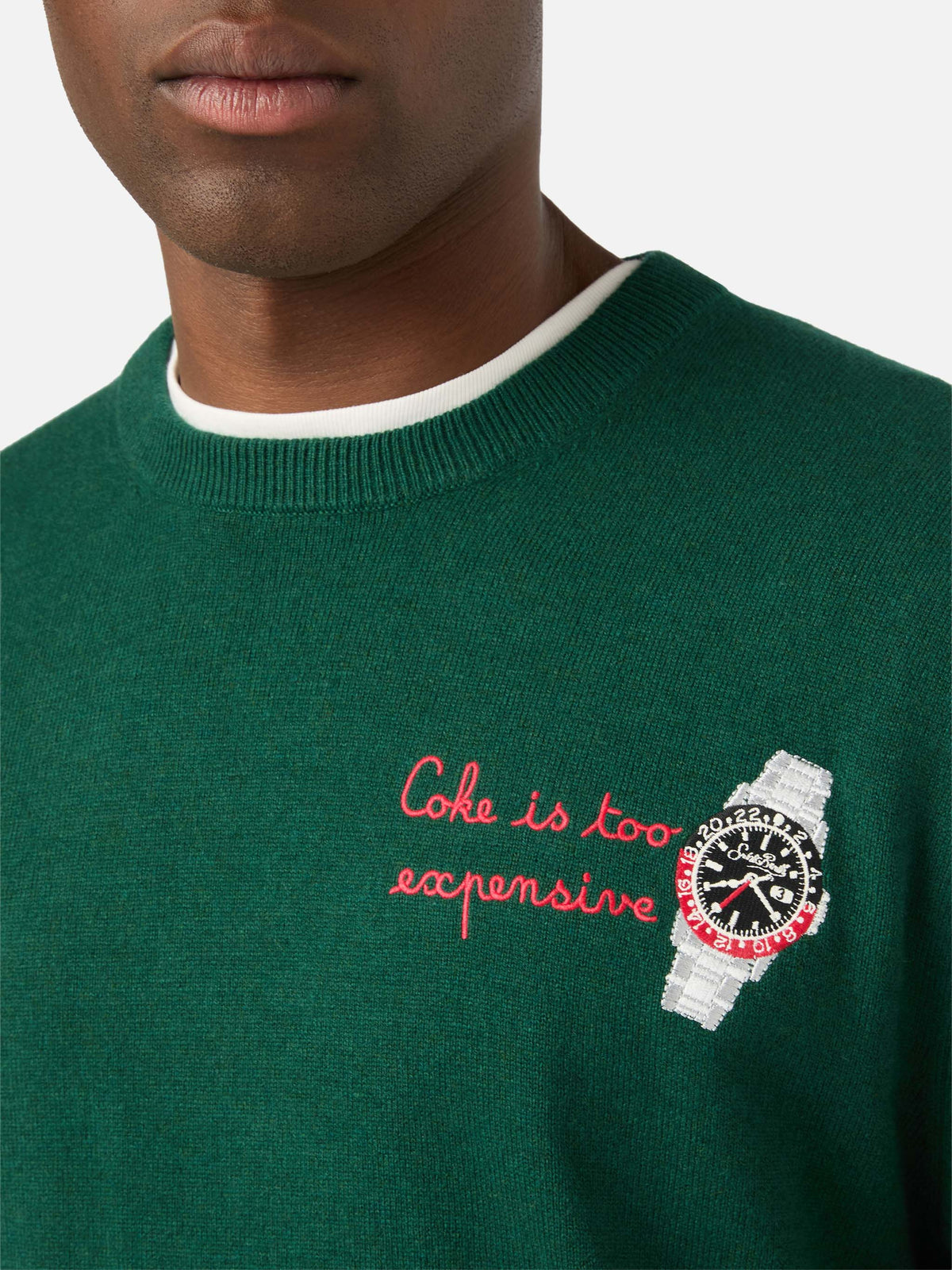 Girocollo in misto lana e cashmere Heron Light verde con ricamo orologio