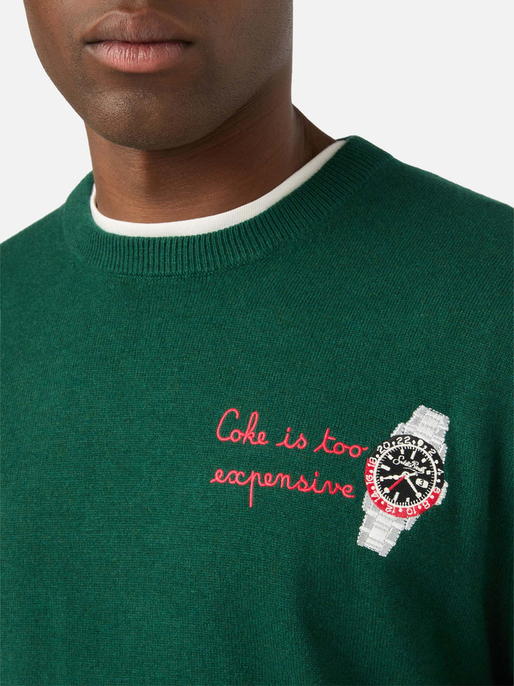 Pull col rond Green Heron en mélange de laine légère et cachemire avec broderie montre 