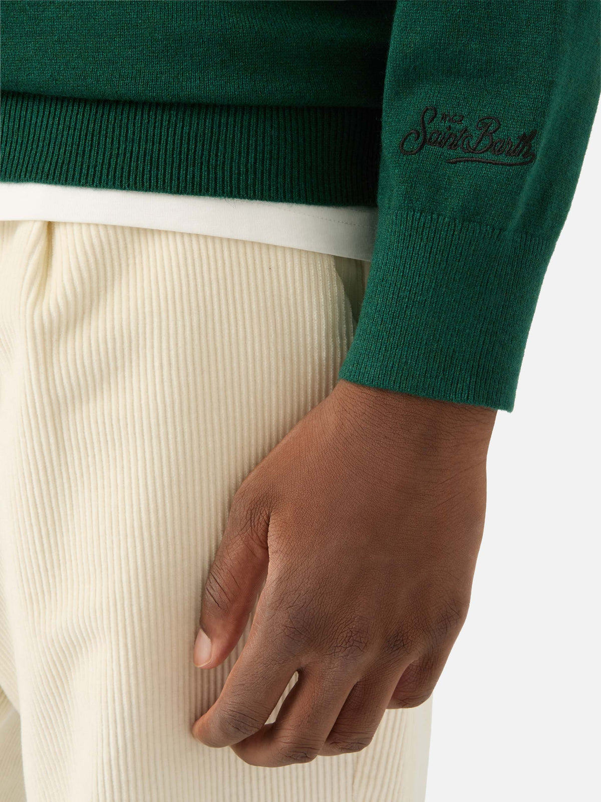 Girocollo in misto lana e cashmere Heron Light verde con ricamo orologio