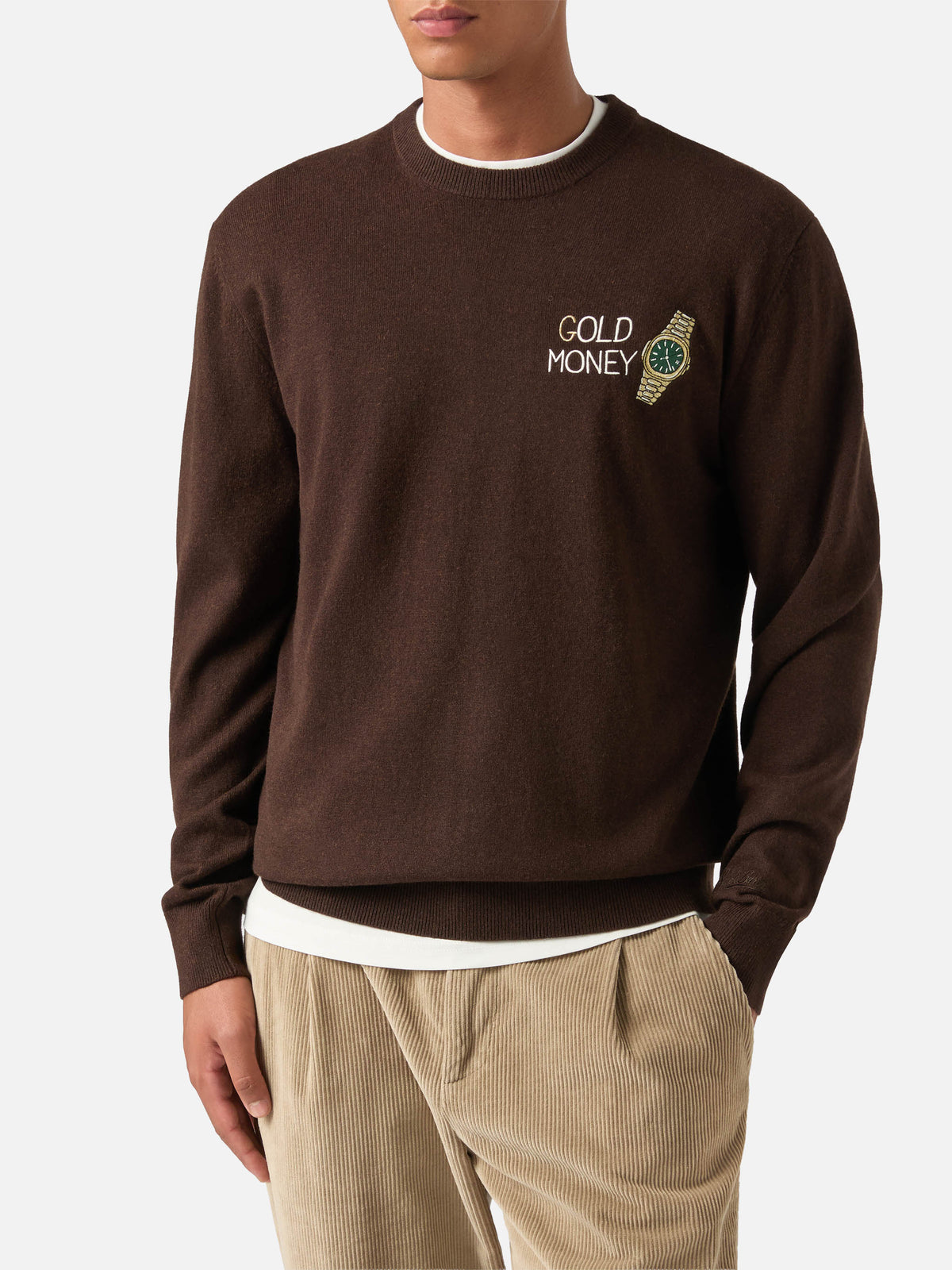 Brown Heron Light wool and cashmere blend crewneck with Gold Money embroidery