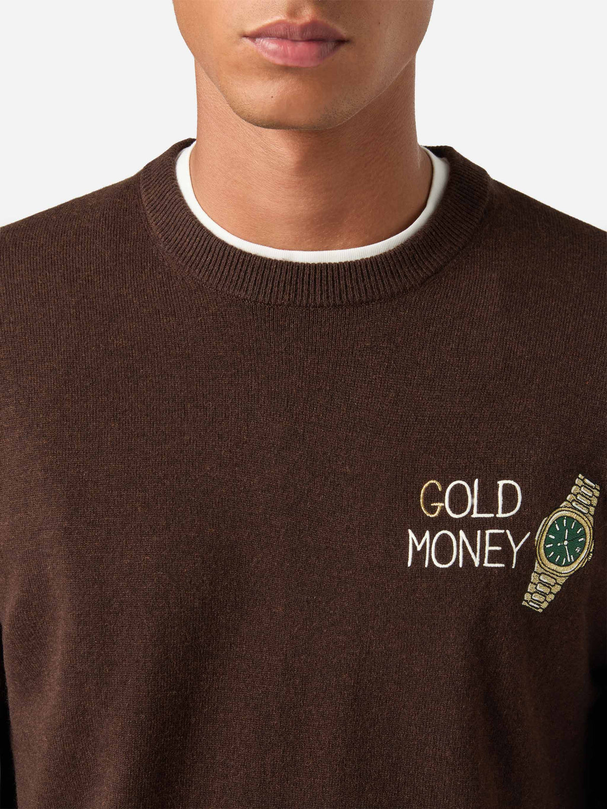 Brown Heron Light wool and cashmere blend crewneck with Gold Money embroidery