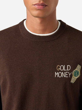 Brown Heron Light wool and cashmere blend crewneck with Gold Money embroidery