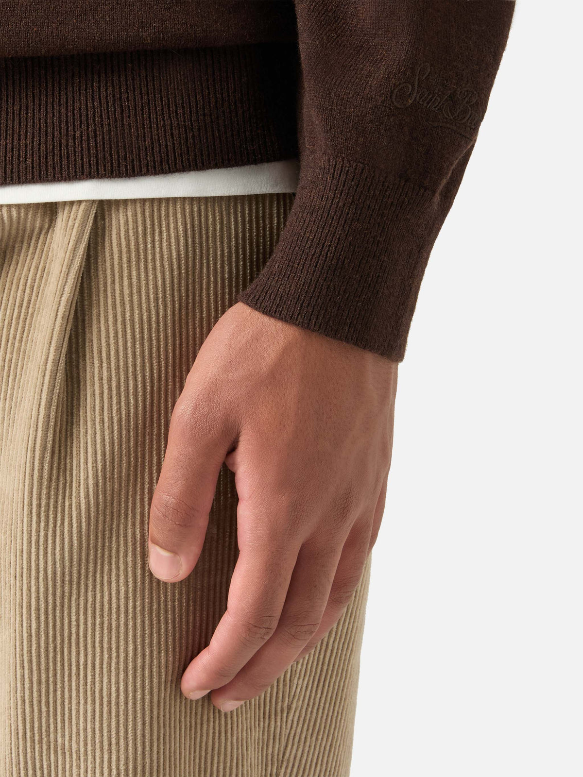Brown Heron Light wool and cashmere blend crewneck with Gold Money embroidery