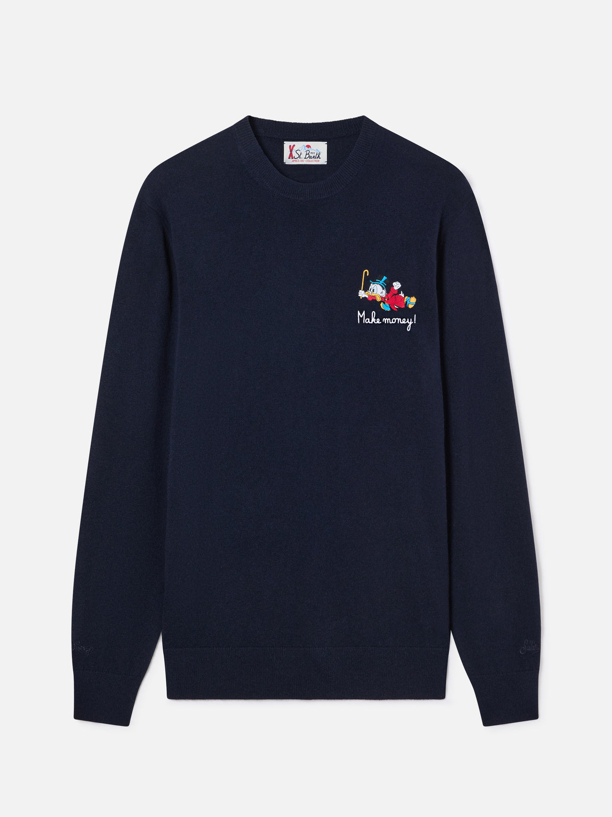 Azul marino blue Heron jersey de cuello redondo en mezcla ligera de lana y cachemira con bordado de Scrooge McDuck | Special edition 